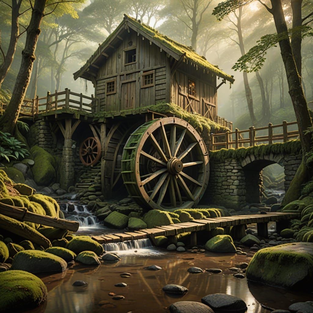 Ancient Waterwheels in a Misty Forest