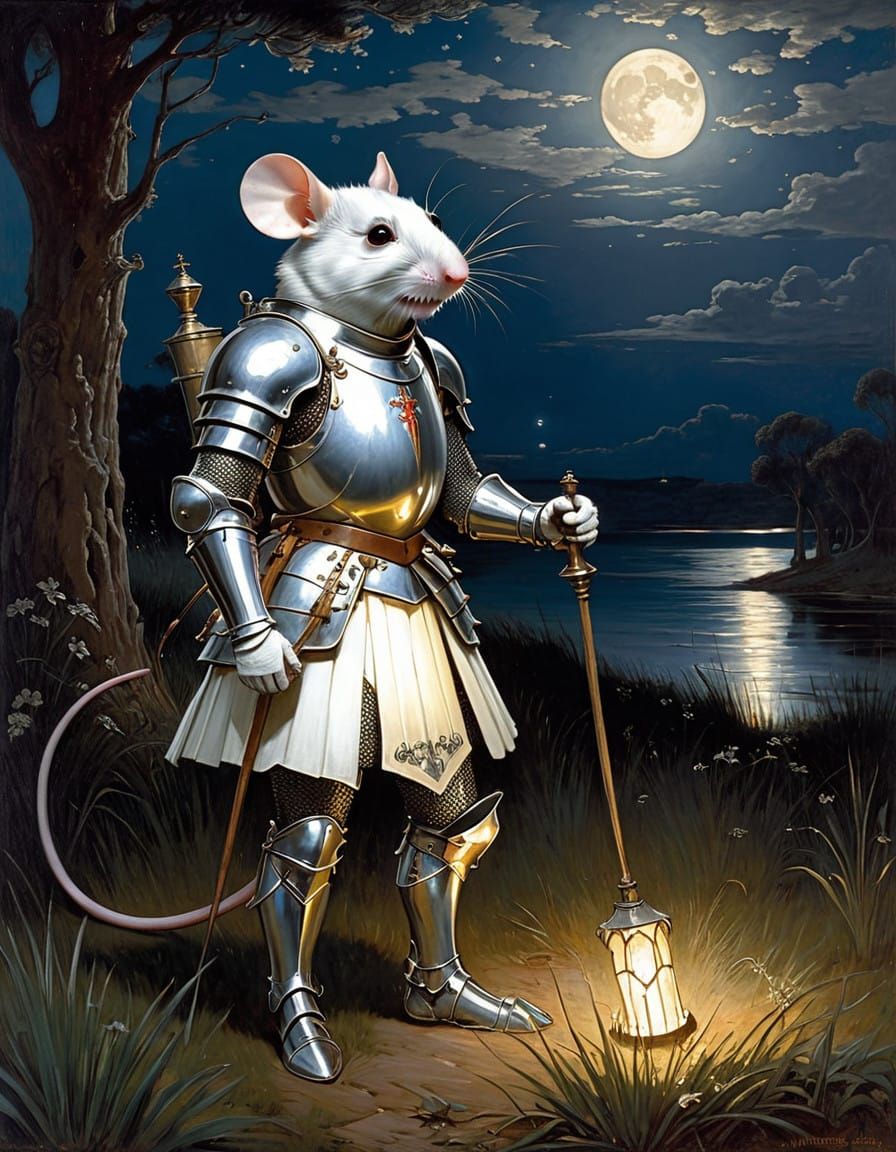 Ethereal White Knight Mouse under Moonlit Skies