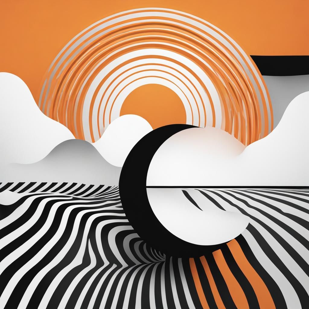 Minimalist Black and White Landscape with Orange Sun