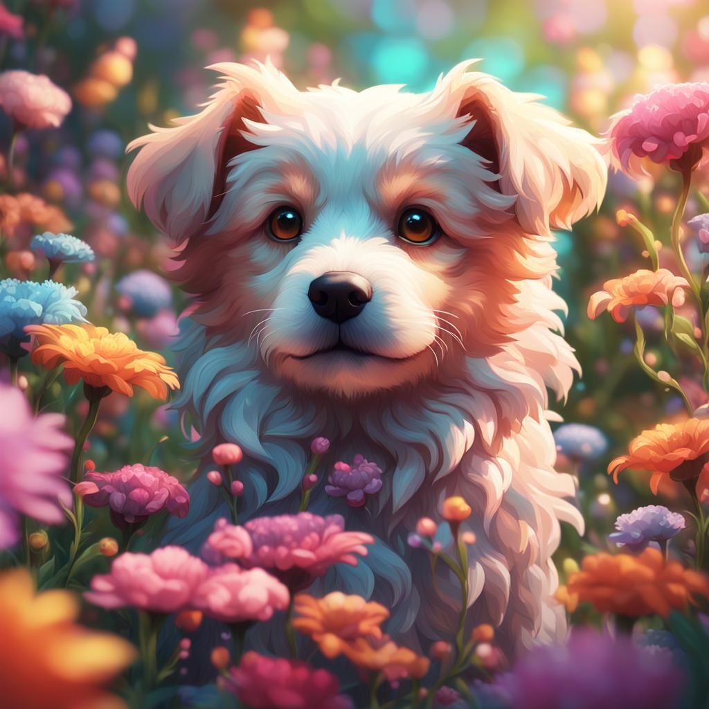 Adorable Pup in Blooming Garden, Fantasy Art