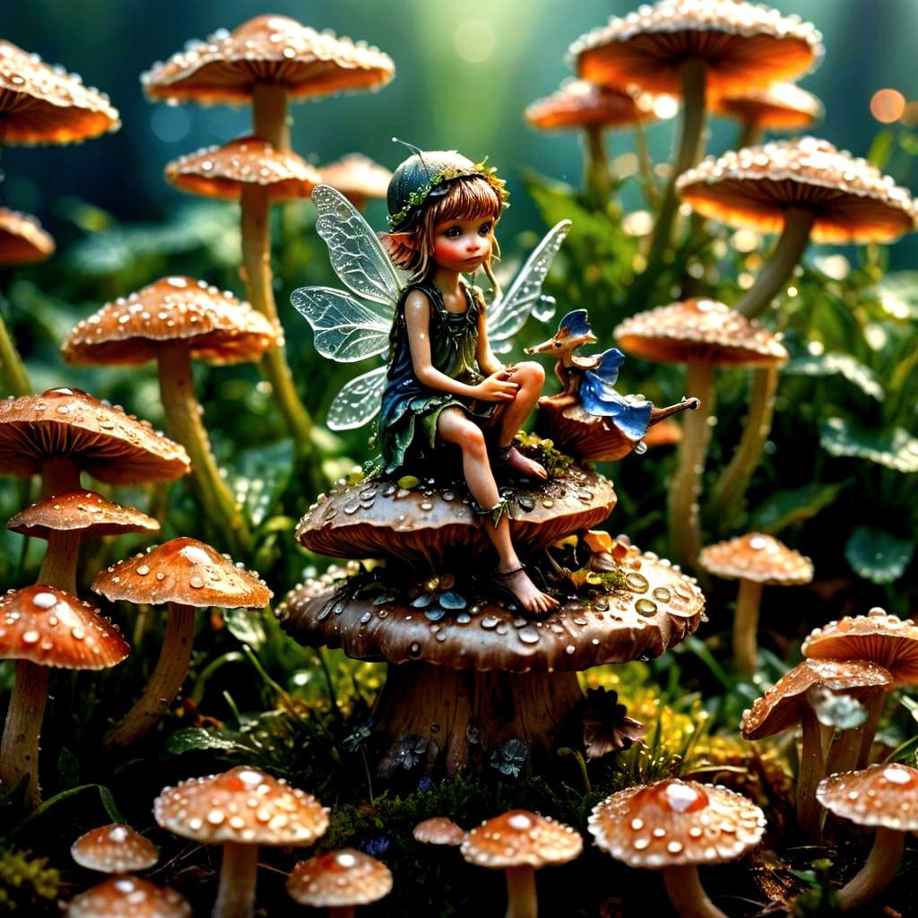Hyperrealistic Macro Photograph of Fairy on Mushroom