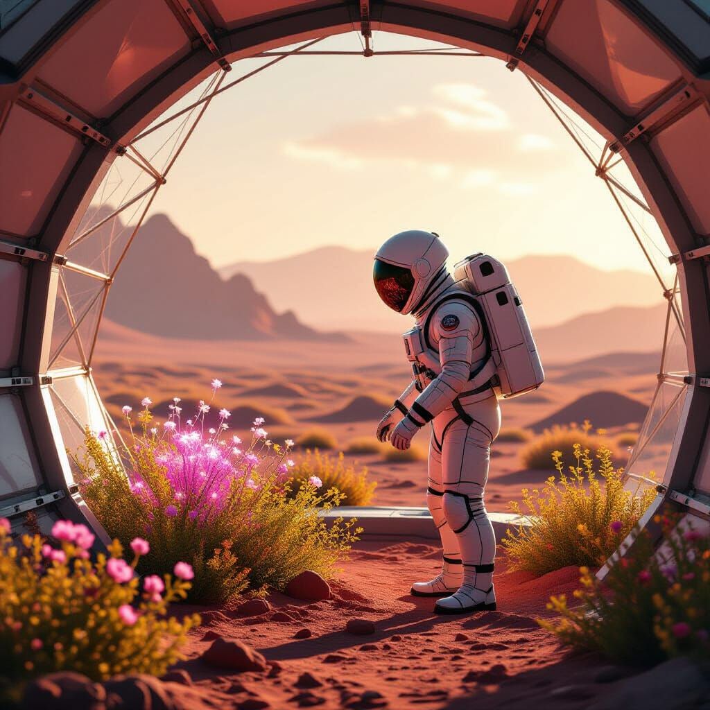 Astronaut Tends Bioluminescent Garden on Mars in Geodesic Do...