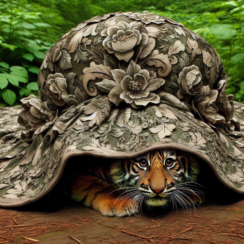 Tiger Cub Hiding Under Floral Bonnet