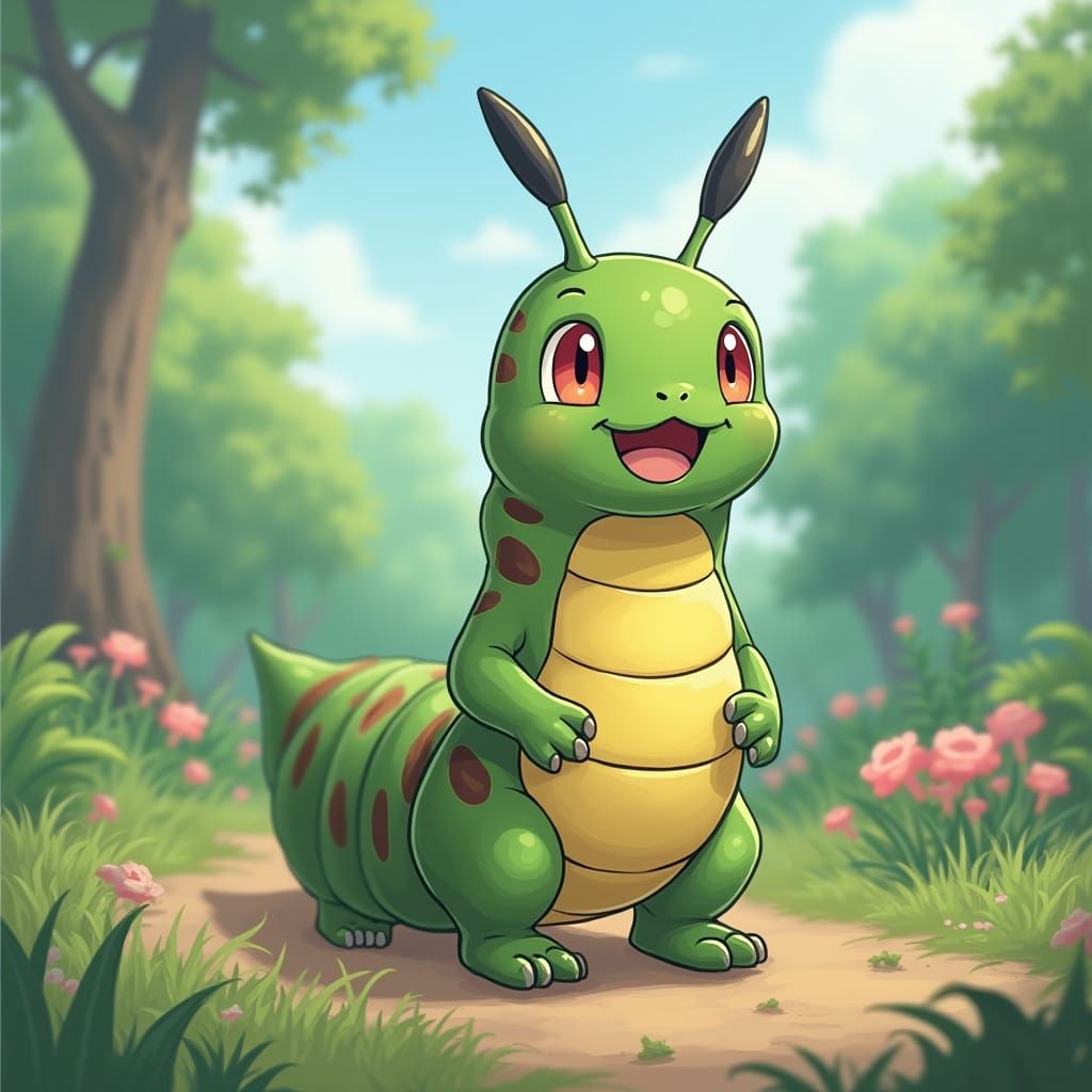 happy excited catepillar heading out on a pokemon adventure