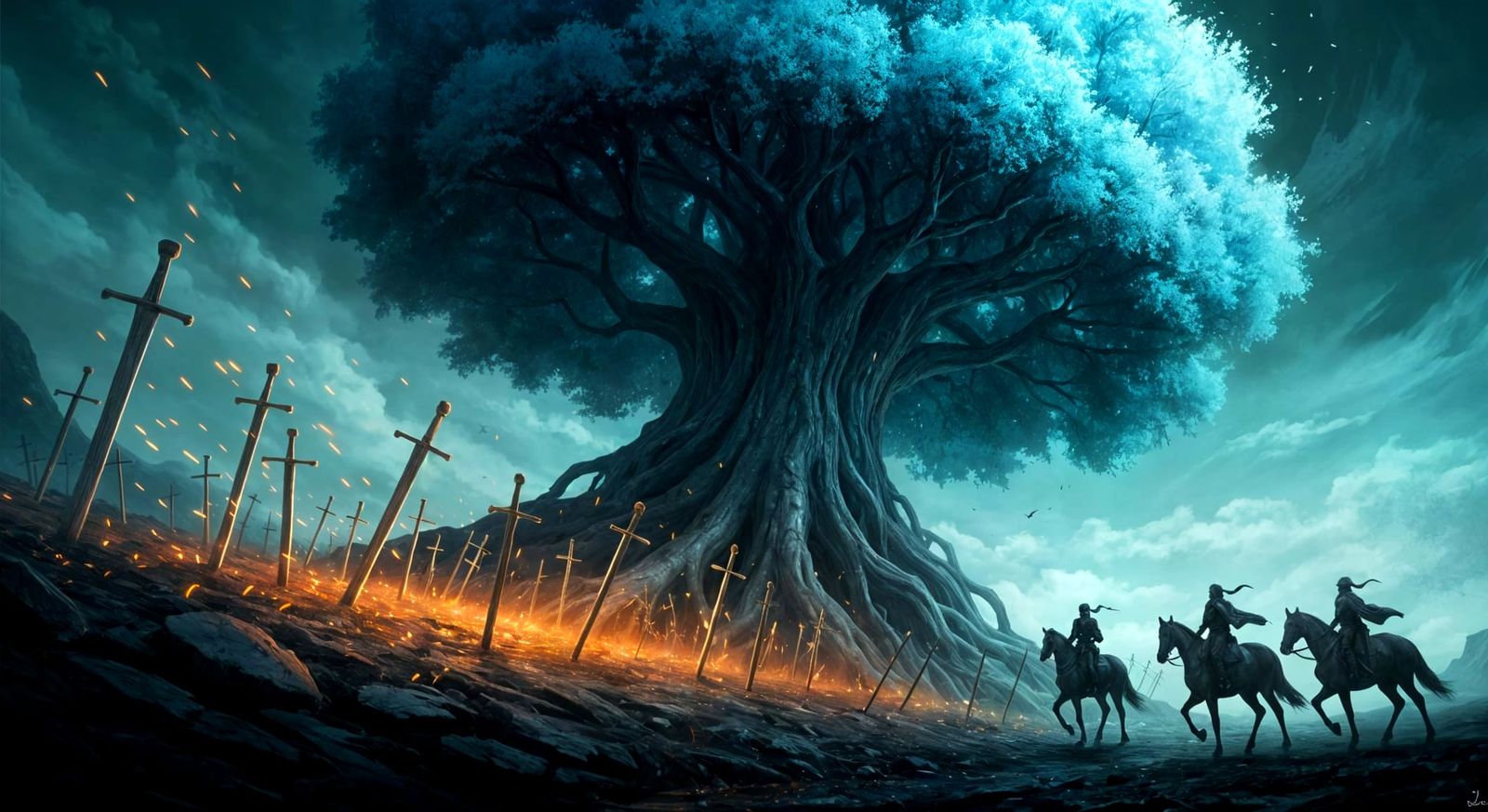 Massive Fantasy Tree with Swords and Adventurers in Impasto ...