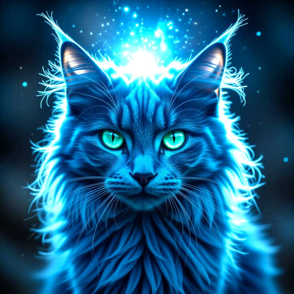 Cosmic Blue Cat with Fierce Green Eyes and Light Aura