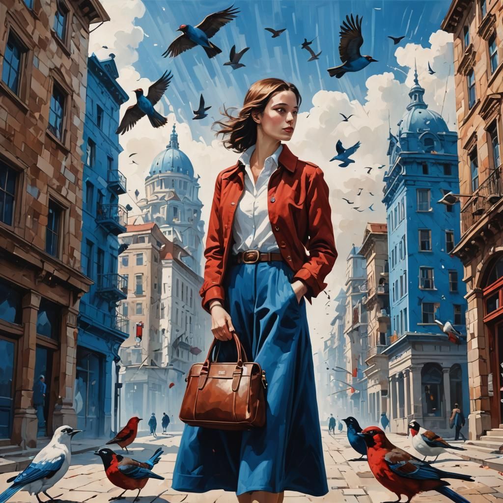 Mysterious Woman with Purse Amidst Birds and Buildings