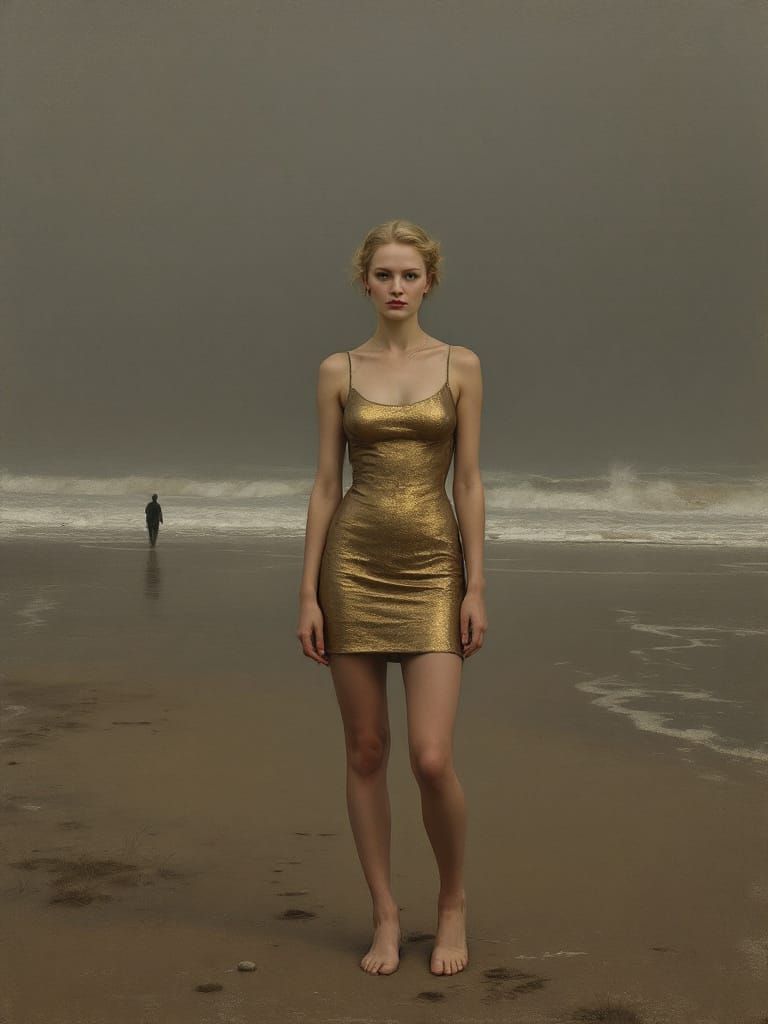Golden Sundress on Solitary Shore in American Regionalist St...