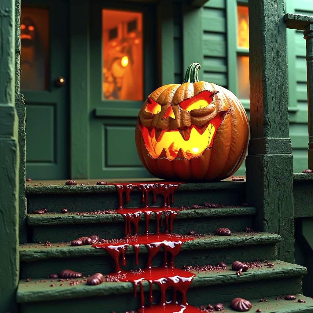 Scary Glowing Pumpkin on Haunted House Porch