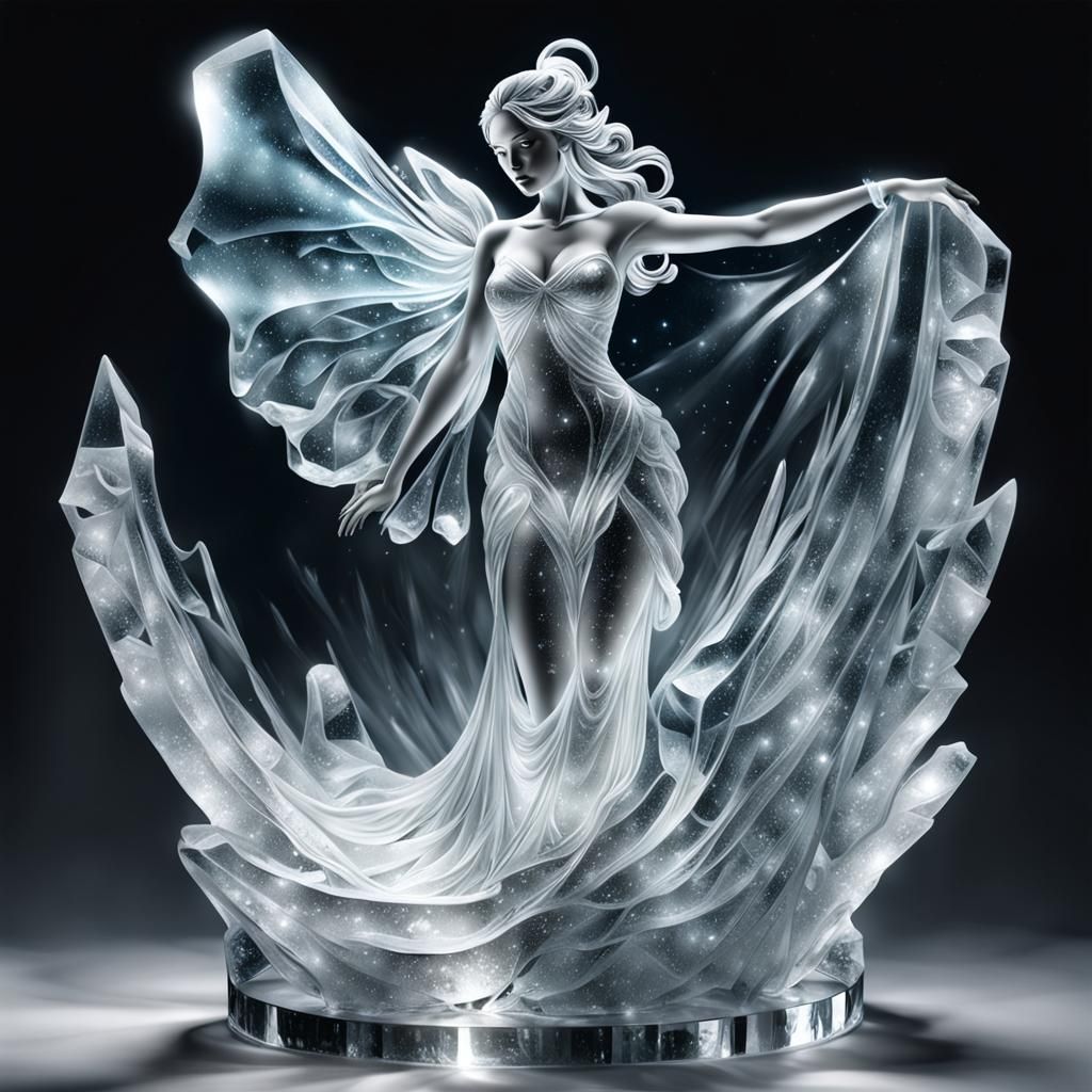 translucent nymph ice sculpture, light shining through clear icy, crystal glass-like quality, gauzy icy draped clothing,...