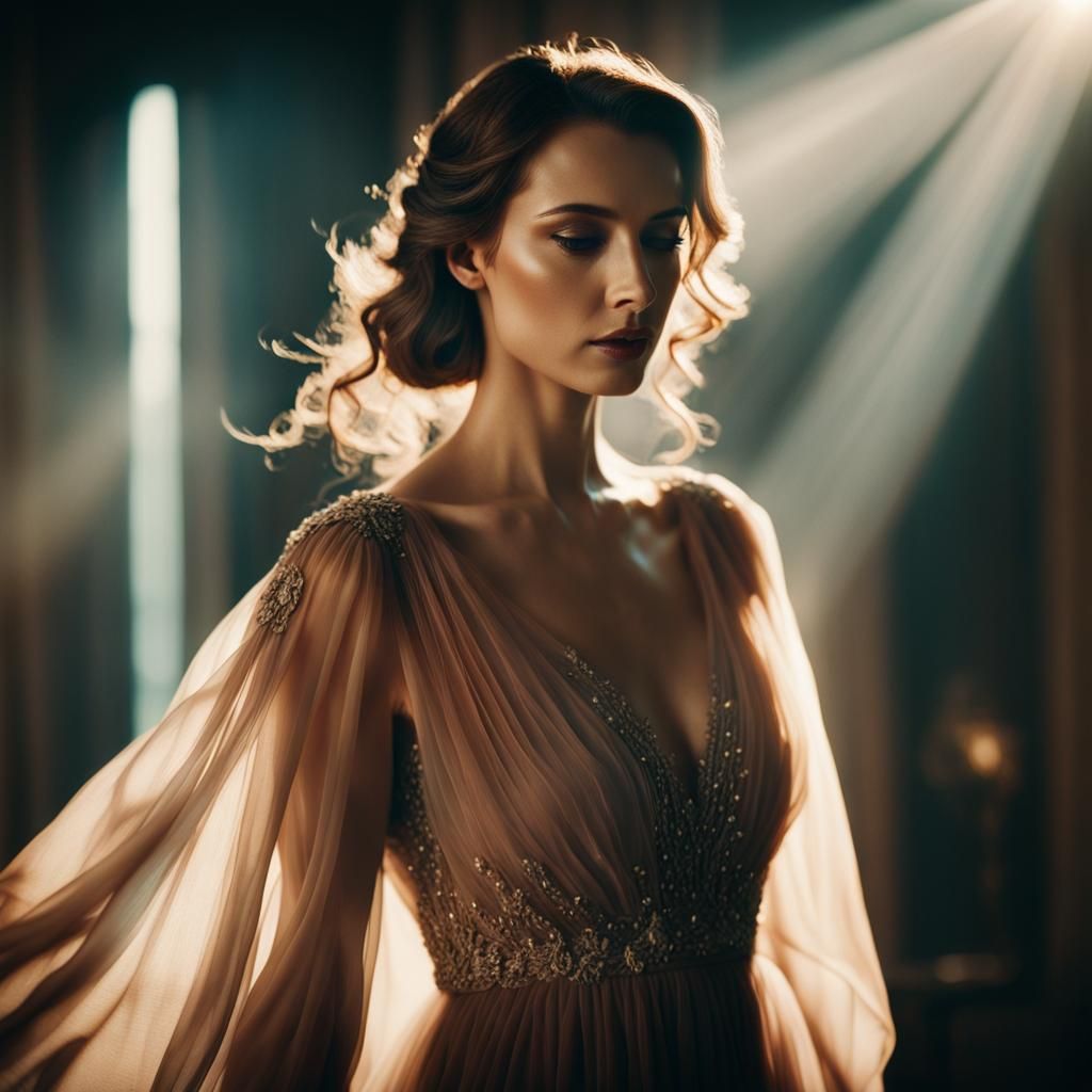 Beautiful Woman in Flowing Gown: Cinematic Film Still