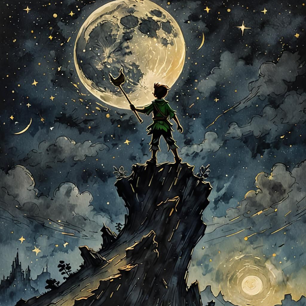 ink splatter Cartoon Peter Pan sits on shining gold partial ...