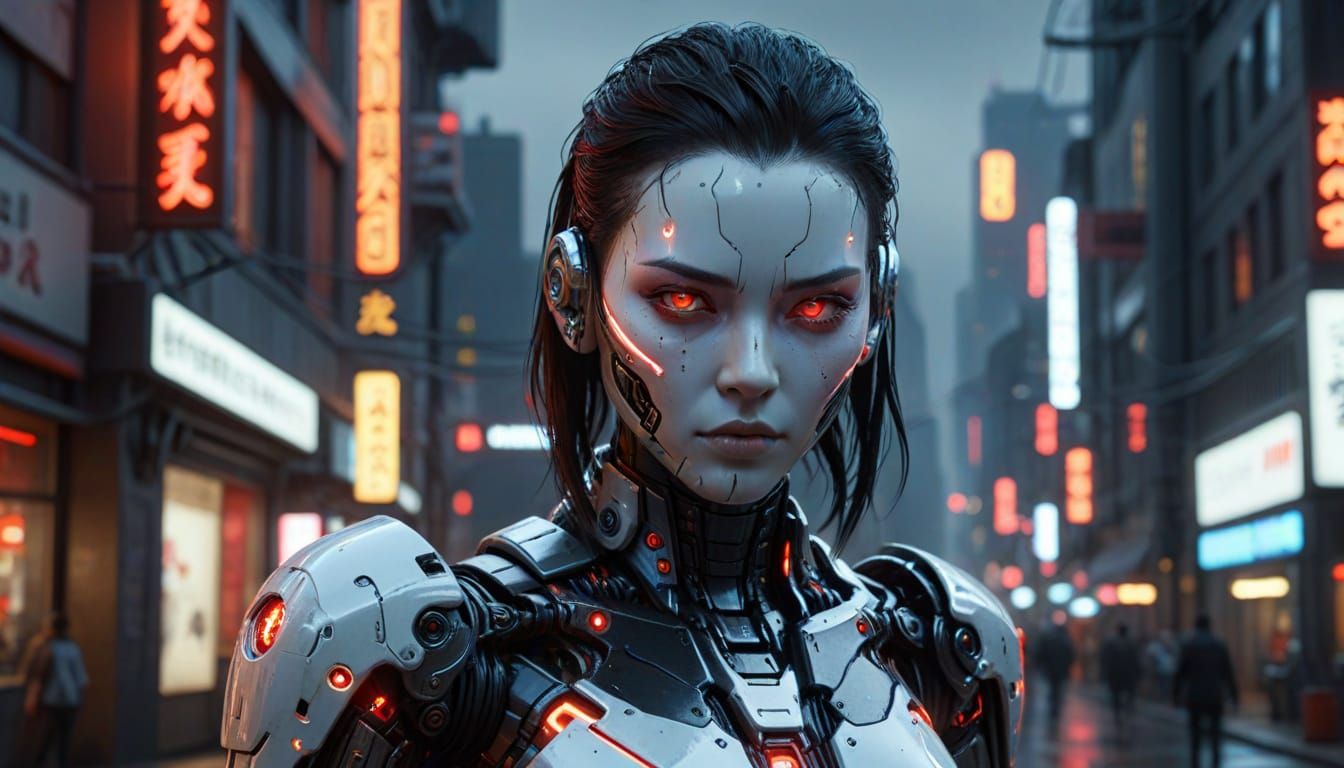 Cyberpunk Android with Glowing Eyes in Neon Cityscape
