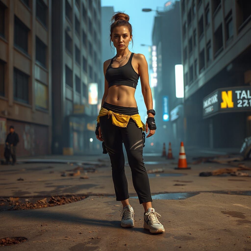Confident Woman Embracing Cyberpunk Urban Challenge