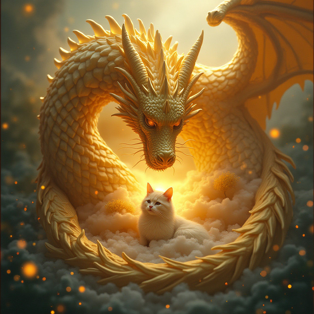 Golden Dragon Cradling Cat in Dreamlike Setting