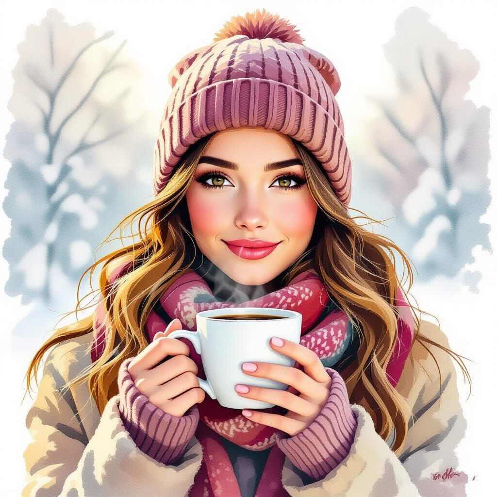 Cozy Woman with Coffee in Watercolor Style