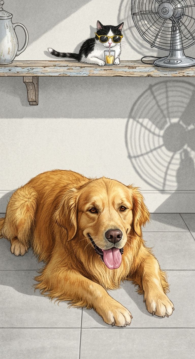 Golden Retriever and Cat in Beatrix Potter Style