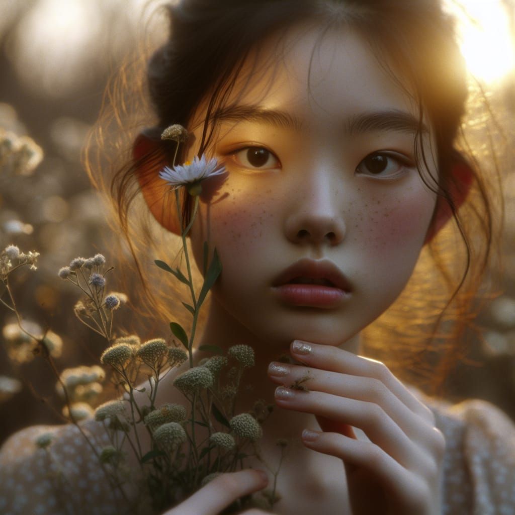 Asian Young girl in the golden hour of spring
