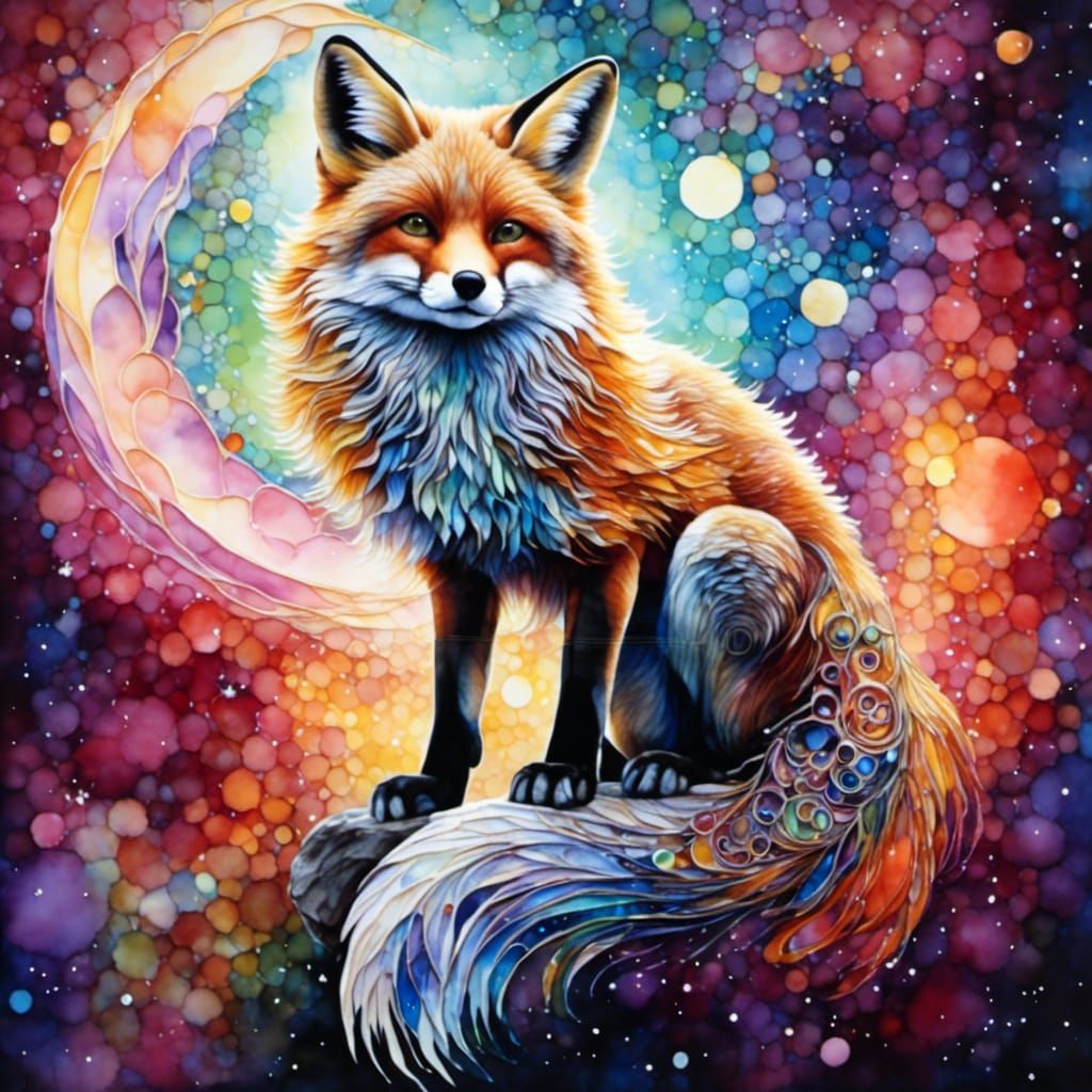 Hyperdetailed Cosmic Fox in Sparkling Universe