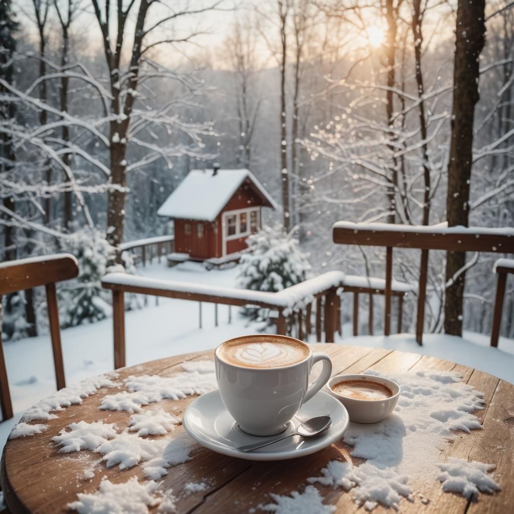 Cozy Winter Morning Cappuccino on Veranda