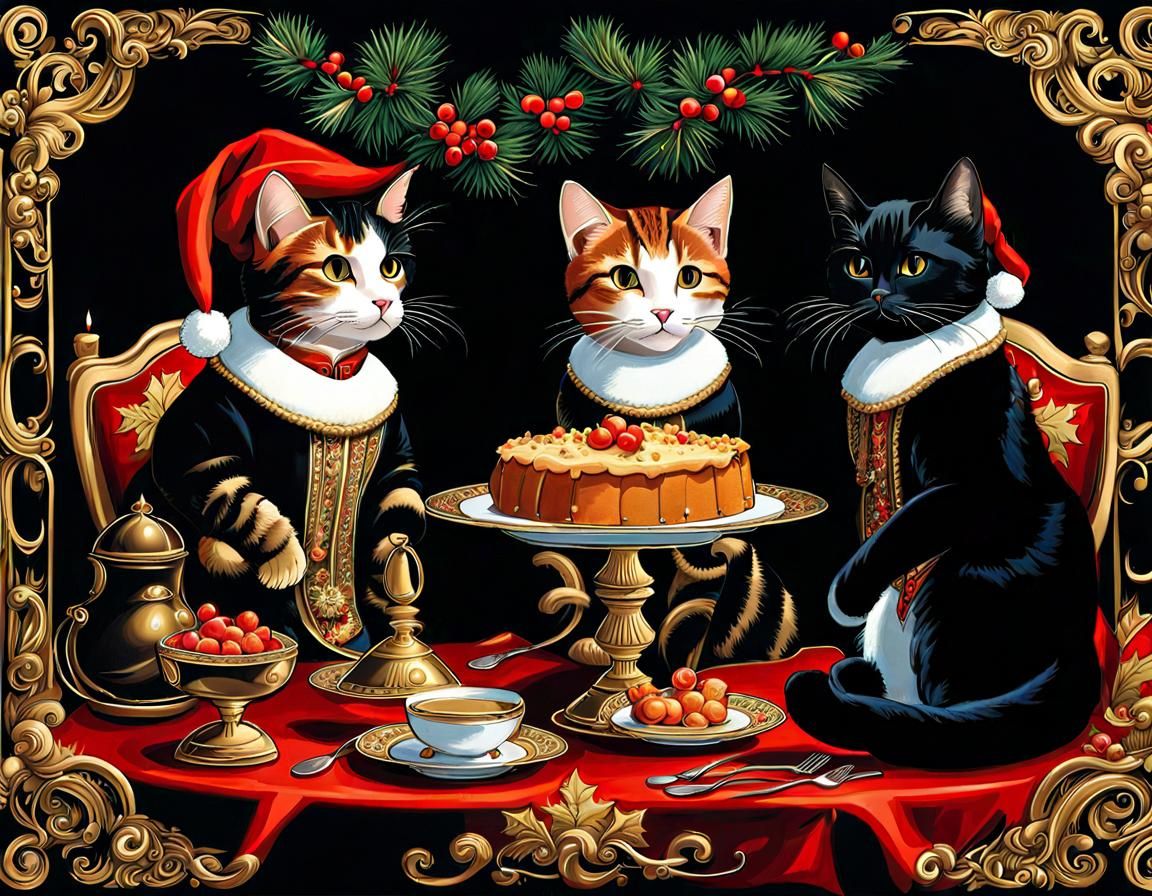 Baroque Christmas Feast with Cat Couple