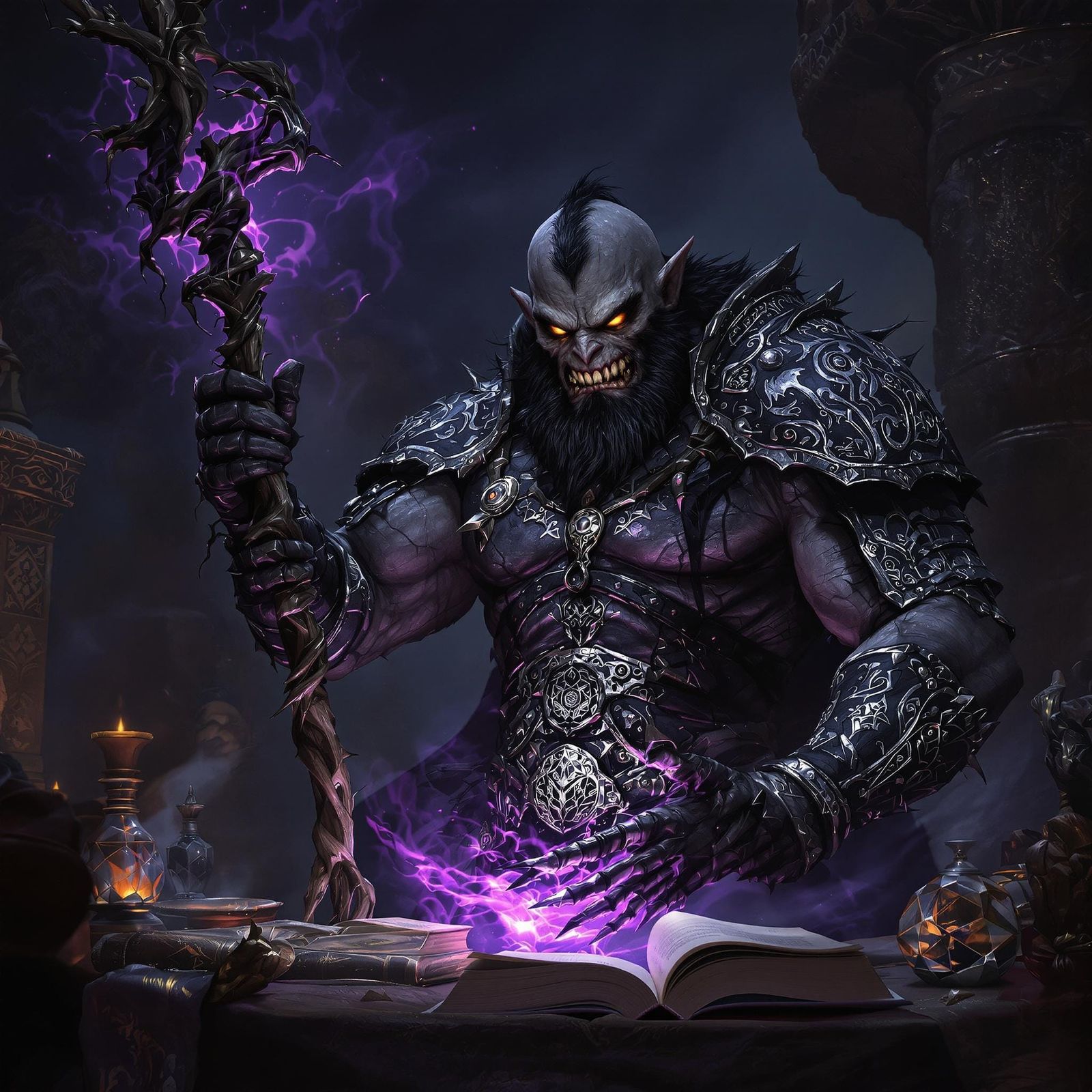 Lawful-Evil Half-Orc Warlock in Dark Fantasy Chamber