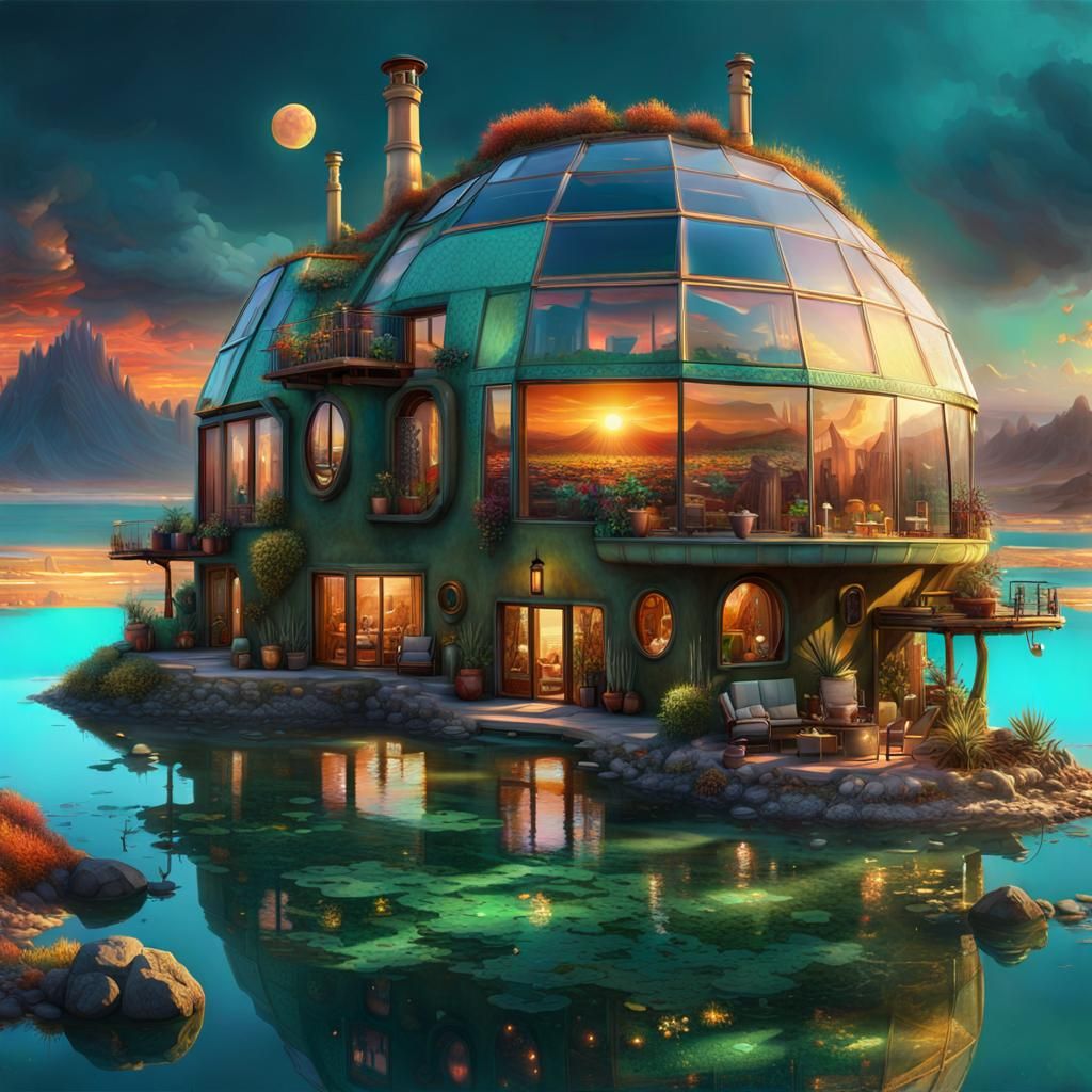Maximalist Solarpunk Earthship Homes at Sunset
