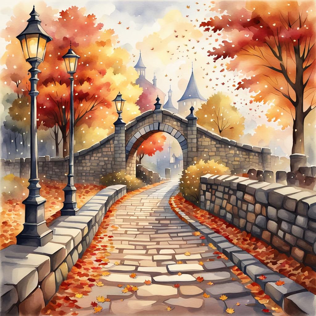 Whimsical Autumn Bridge in Watercolor Style