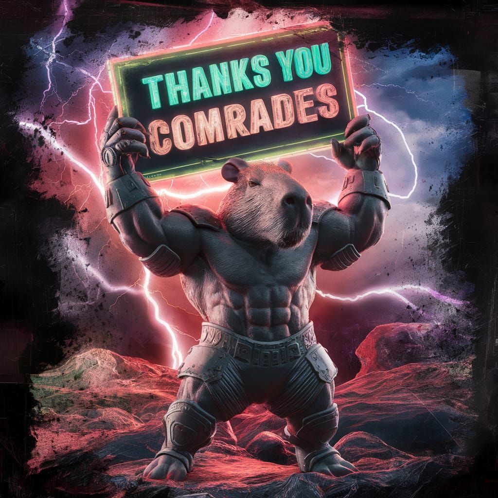 Armored Capybara Humanoid Holds Sign in Neon Dystopia