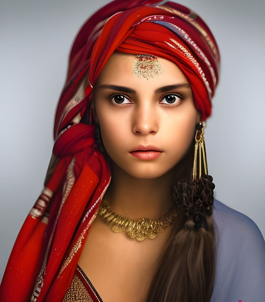 Stunningly Beautiful Gypsy Lady, upper body, long wavy flowing black hair, brush stroked hair, realistic brown eyes, sym...