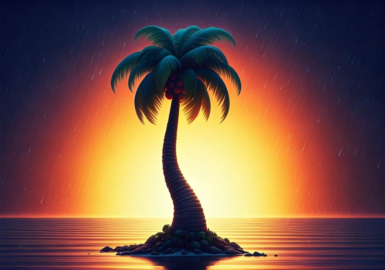 Singing Palm Tree on Tropical Beach, 3D Digital Art
