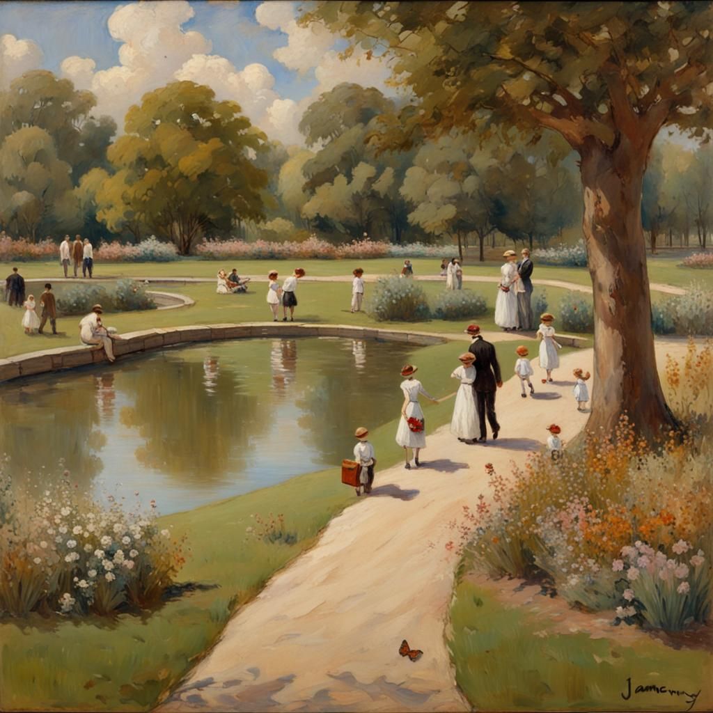 Idyllic Park Scene in Early 1900s, Oil Painting