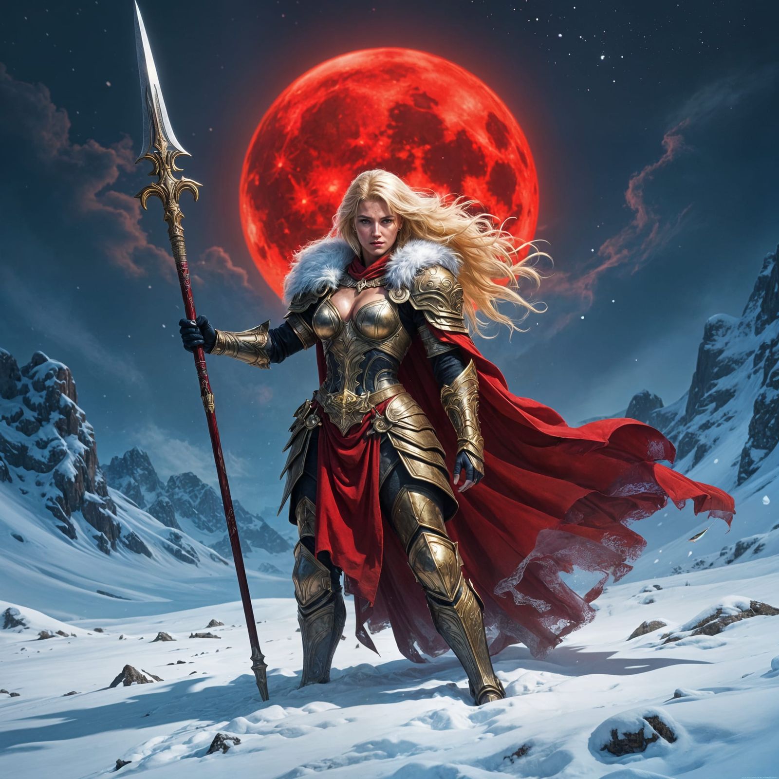 Hyperrealistic Valkyrie Warrior on Snowy Battlefield