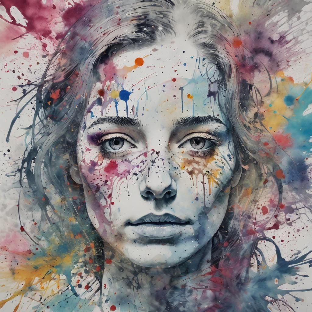 Abstract Ink Splatter Portrait of Sad Woman