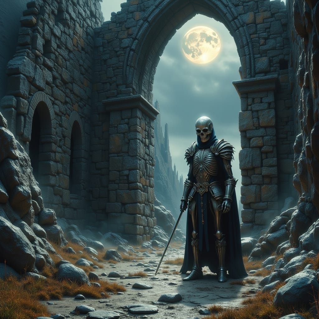 Skeleton Warrior Guarding Archway in Moonlight