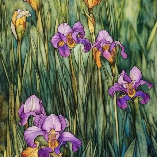 Irises by Pond: Arthur Rackham-Style Watercolor