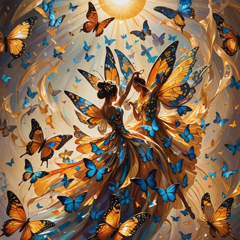 Butterfly Dancers Fly into Sun, Art Nouveau Oil Painting