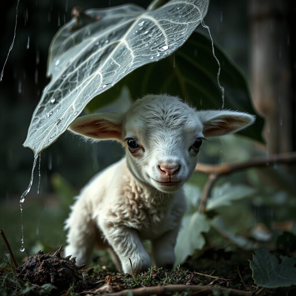Lamb Shelters from Storm: Hyperrealistic Animal Portrait