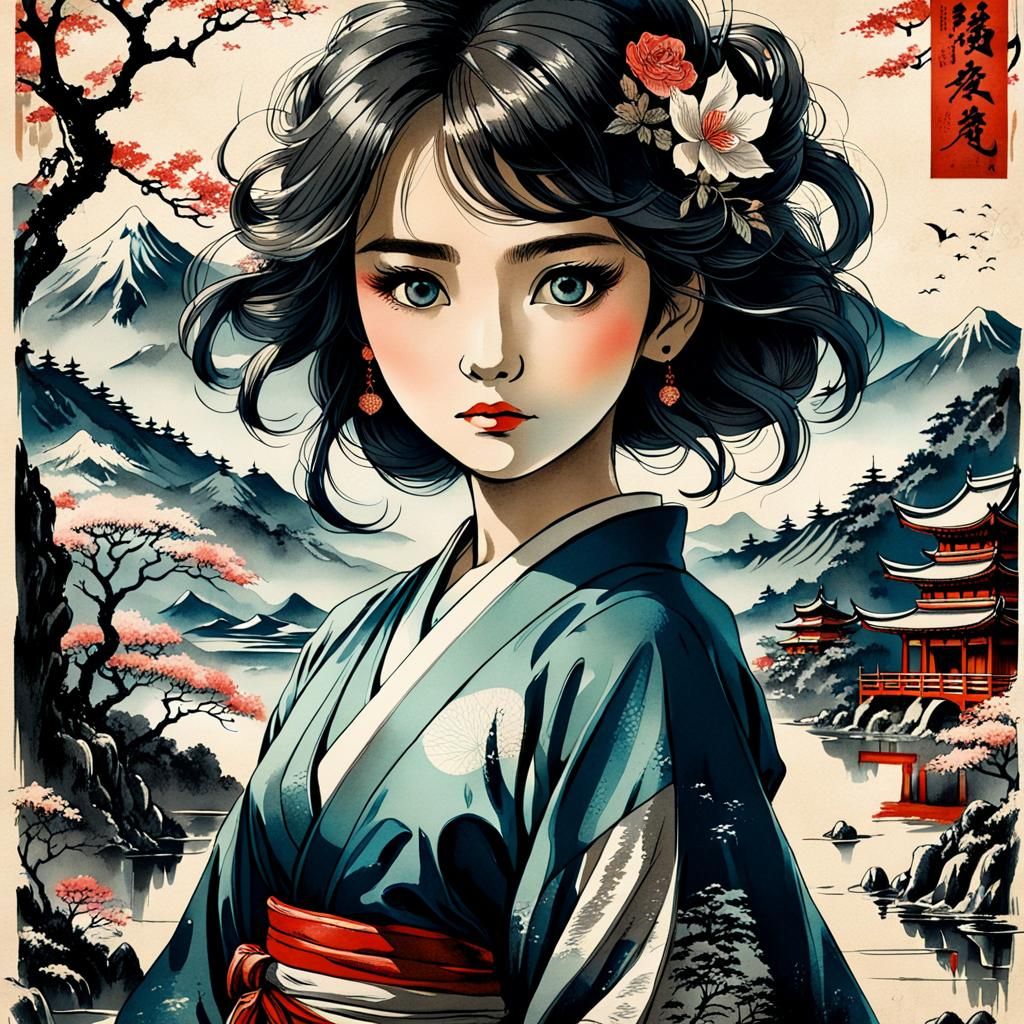 Vintage Ink Woman in Japanese Landscape