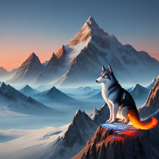 Fiery-Tailed Husky on Frozen Peak: Digital Matte Painting
