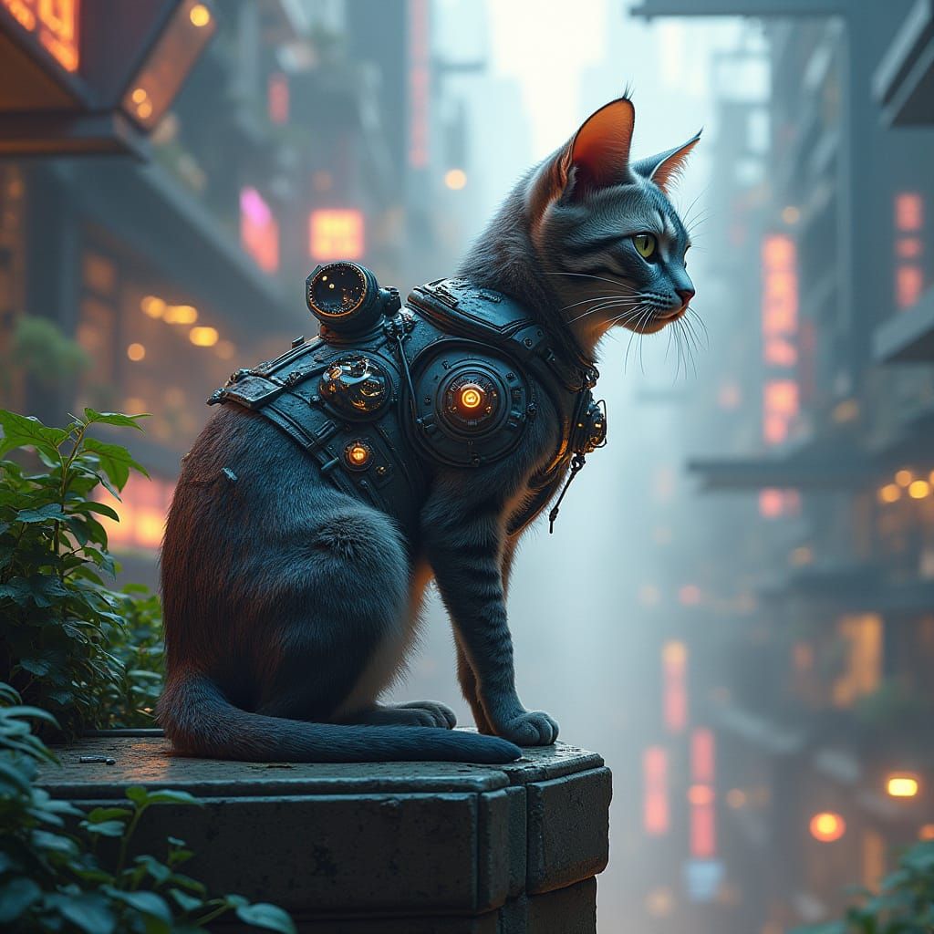 Futuristic Cyberpunk Cat in Cityscape