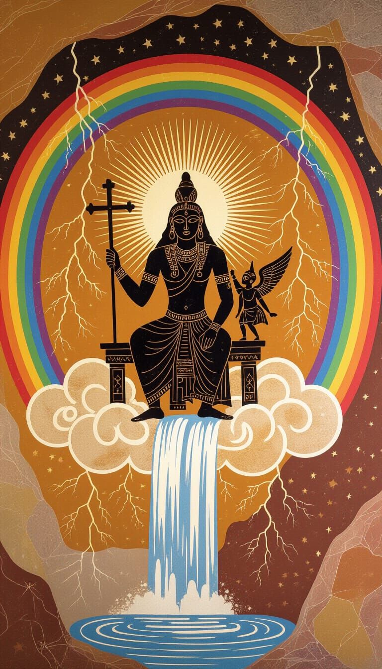 Primitive Cave Art of Divine Figure on Cloud Throne