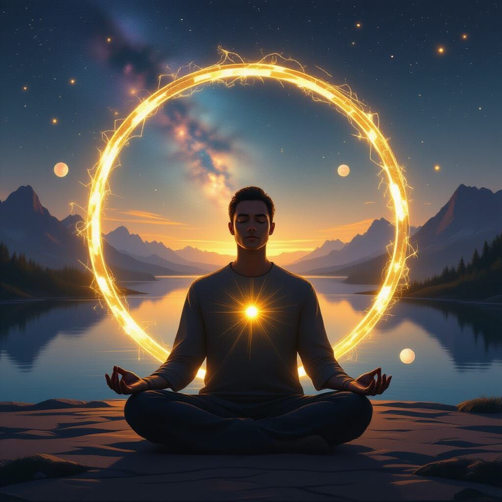 Meditating Figure Radiating Calm Through Golden Portal