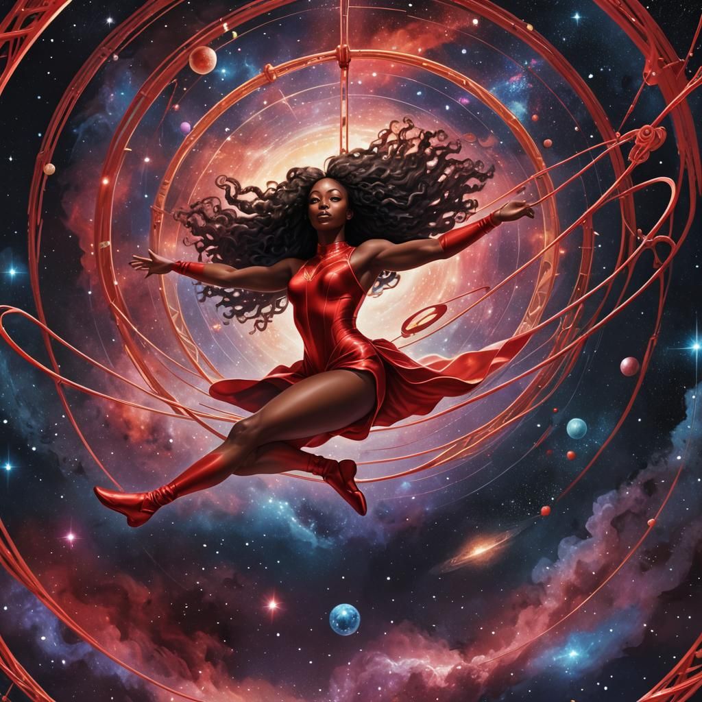 Celestial Acrobatics: Girl on Trapeze in Space