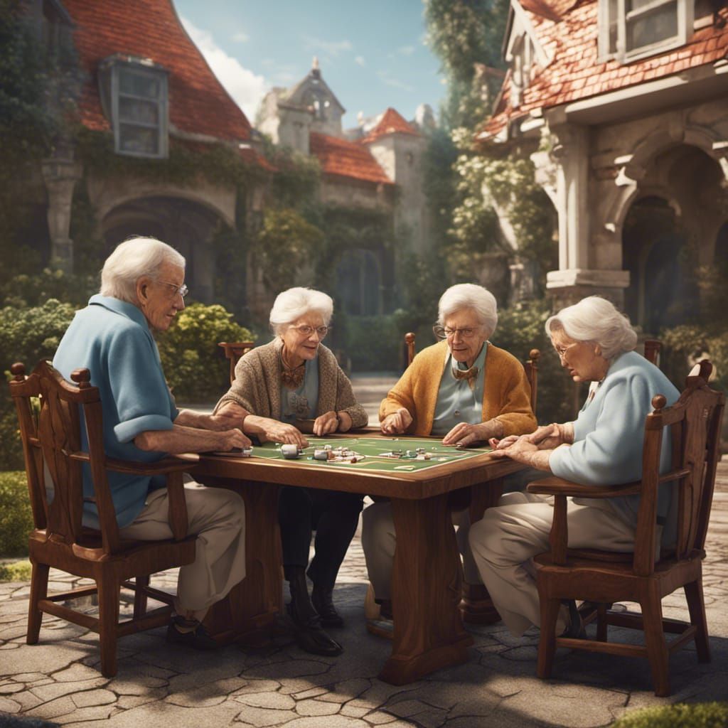 Seniors Playing Bridge in Detailed Matte Painting Style