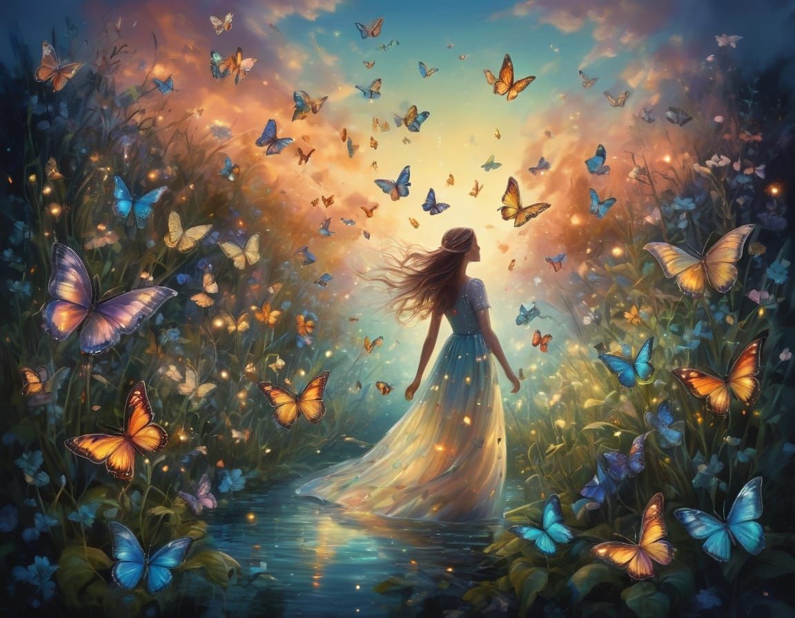 Butterflies Flutter in Surreal Iridescent Dusk Oil Painting