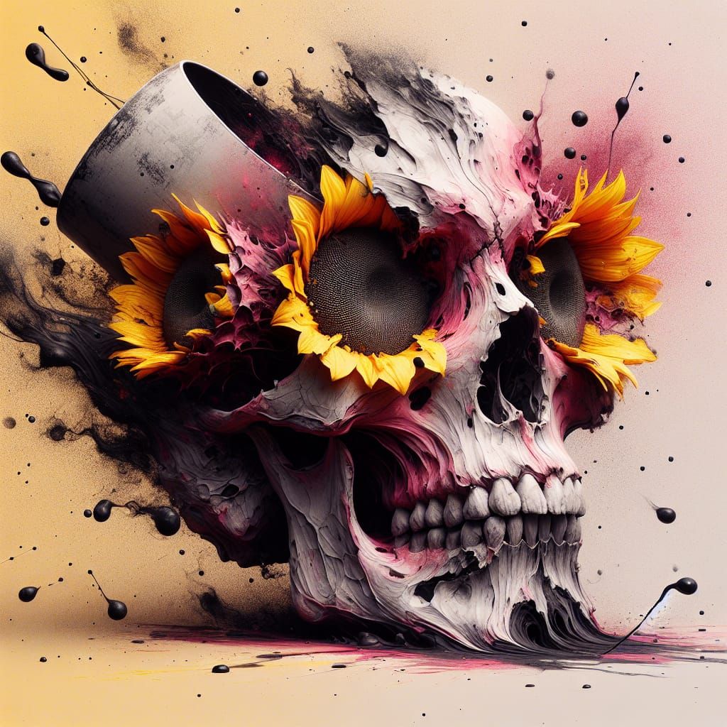 Surreal Skull with Sunflowers in Eye Sockets