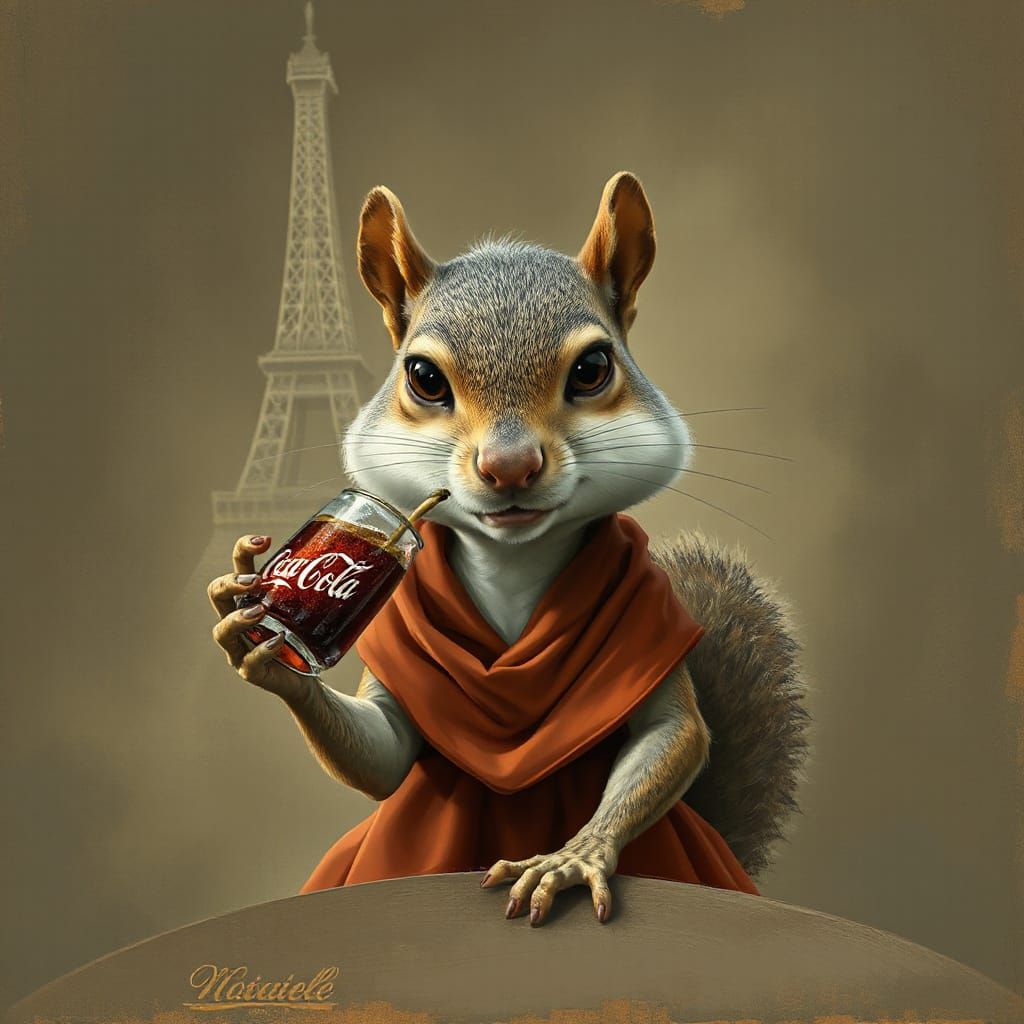 Surreal Squirrel Sips Coca-Cola in Vintage Parisian Scene