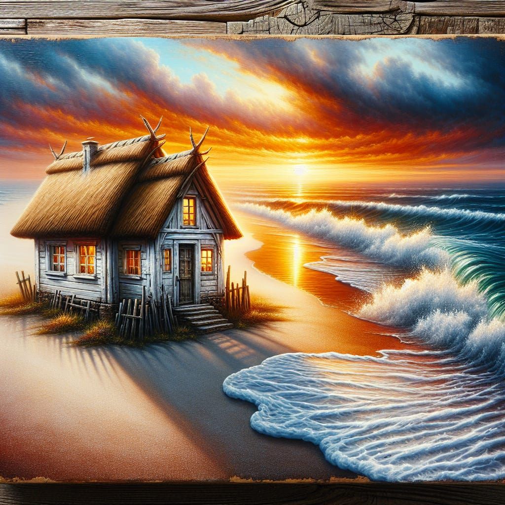 Beach House Sunset Painted on Rustic Wood