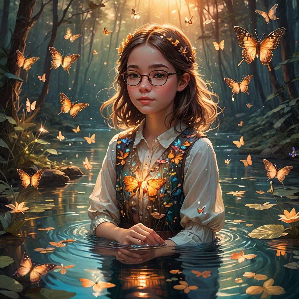 Girl in Lake Surrounded by Glowing Nature